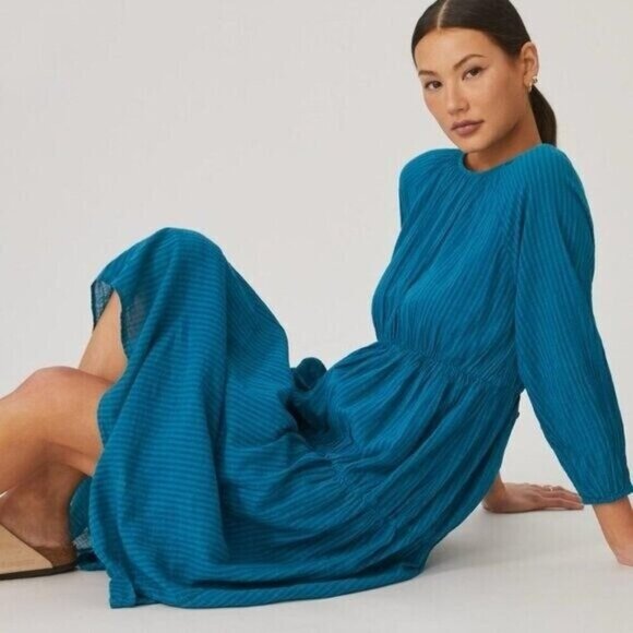 Anthropologie Sundry Blue Gingham Tiered Midi Dress - Picture 2 of 10